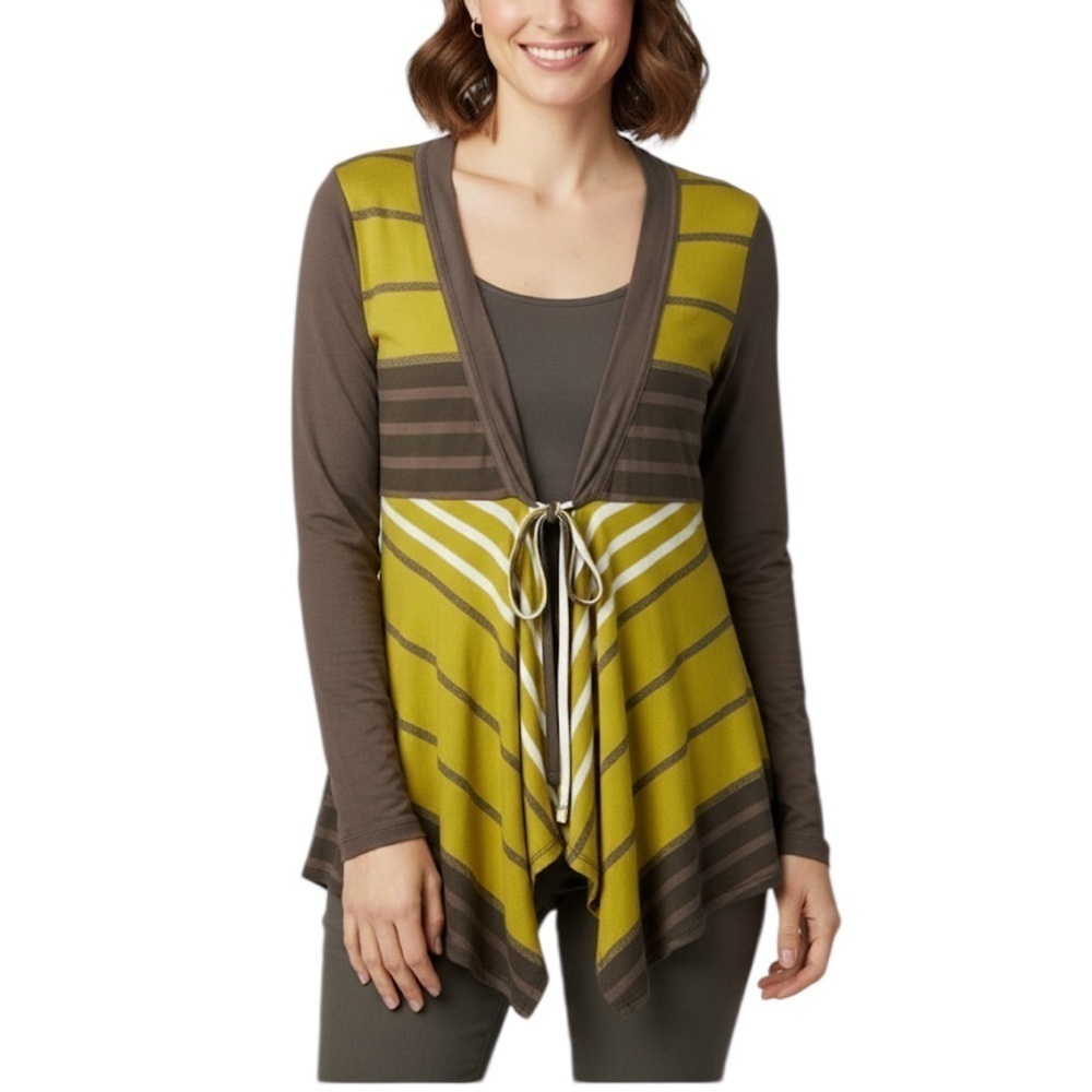 Dolcezza Retro Boho Striped Open Cardigan Tie Front Large Mustard Yellow Brown